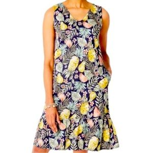 J Jill Flounced Hem Double V Neck Knit Dress Tropical Print Size Large Petite